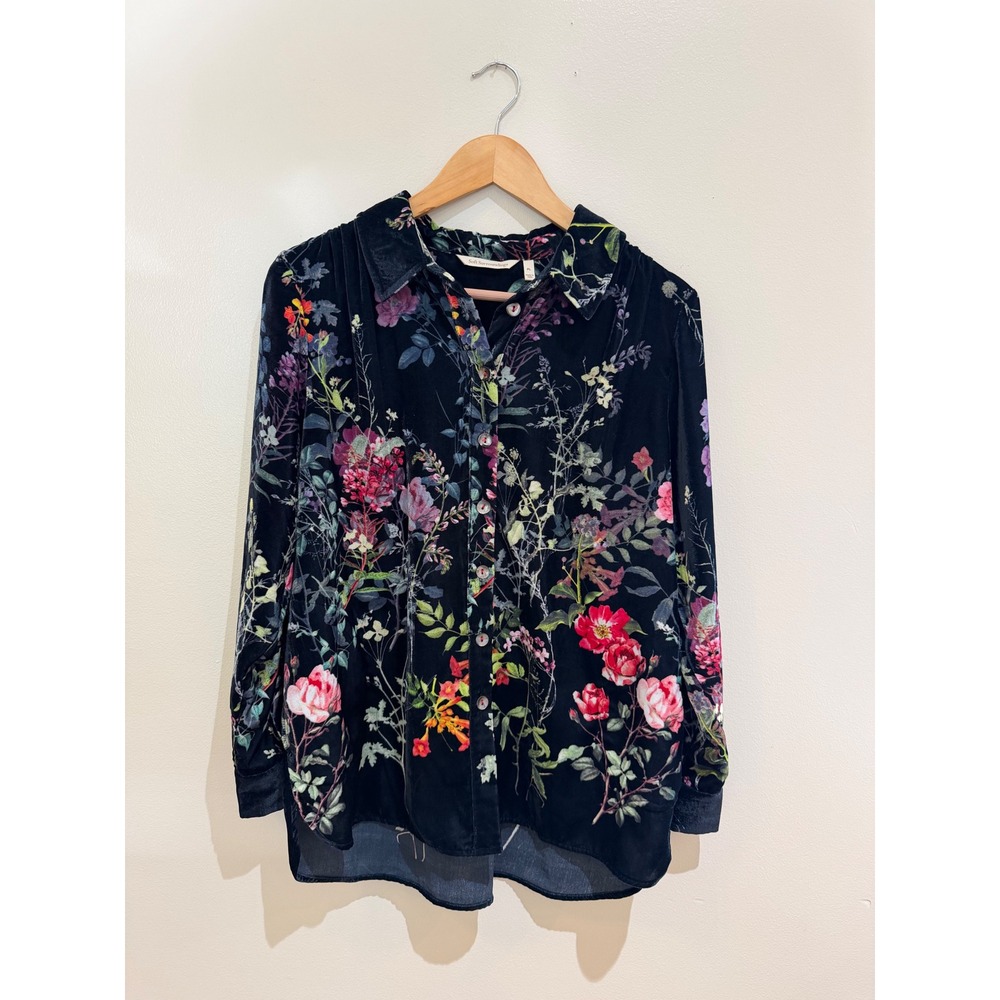 Soft Surroundings Navy Blue Floral Velvet Button Down Shirt Petite Large PL